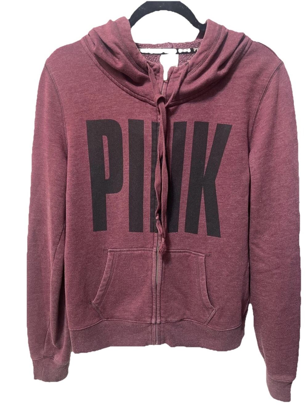 Pink Victoria Secret Full Zip Hoodie Pockets Size Medium Maroon/Black